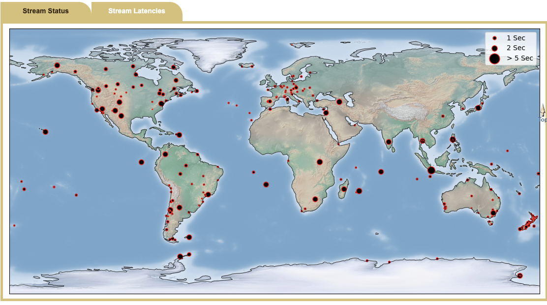 Map depicting latencies of sites with real-time data streams available through CDDIS