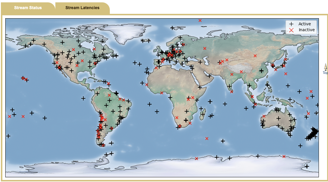 Map depicting locations of sites with real-time data streams available through CDDIS